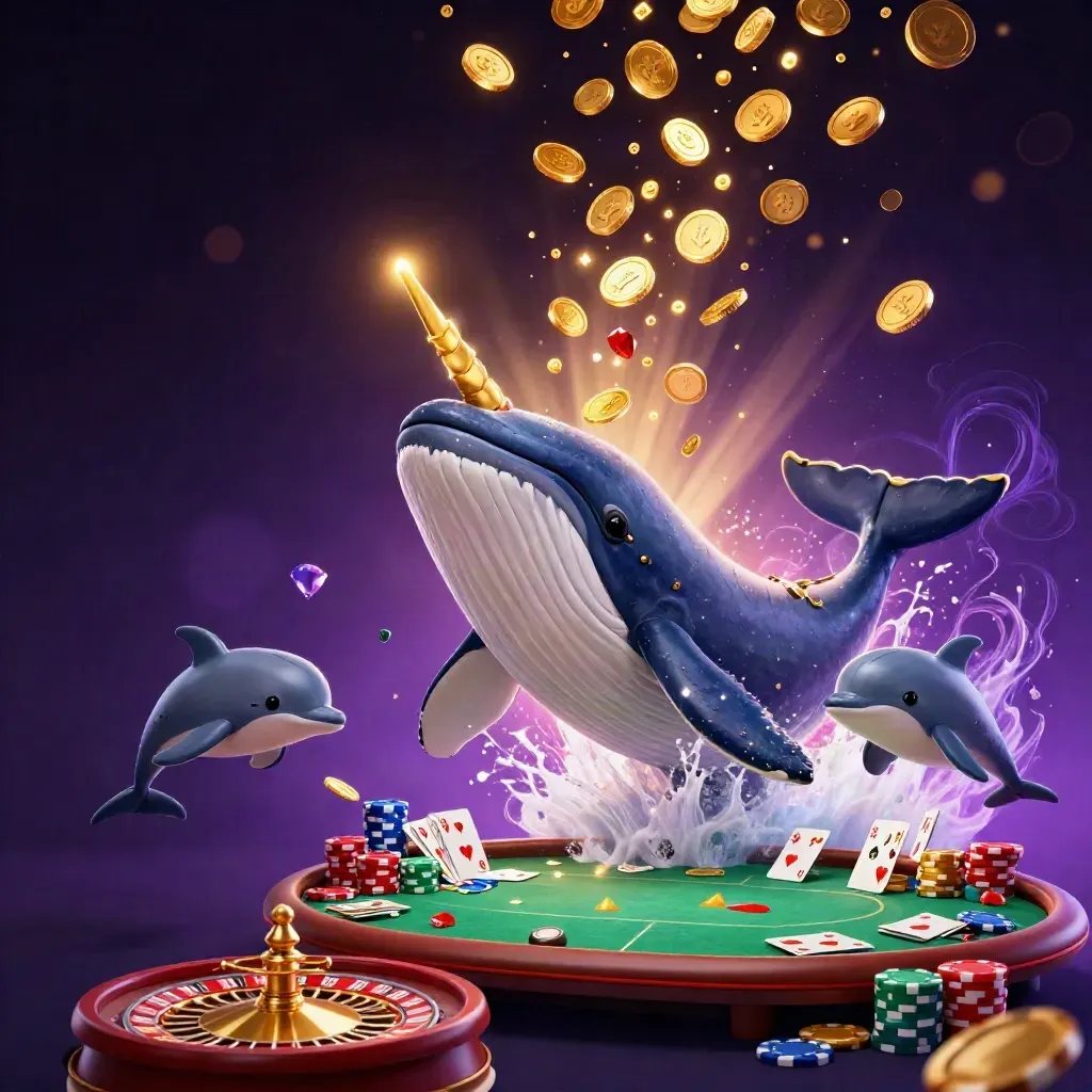 Whale captain, narwhal and dolphins burst from gold coins with poker chips and glowing cards.