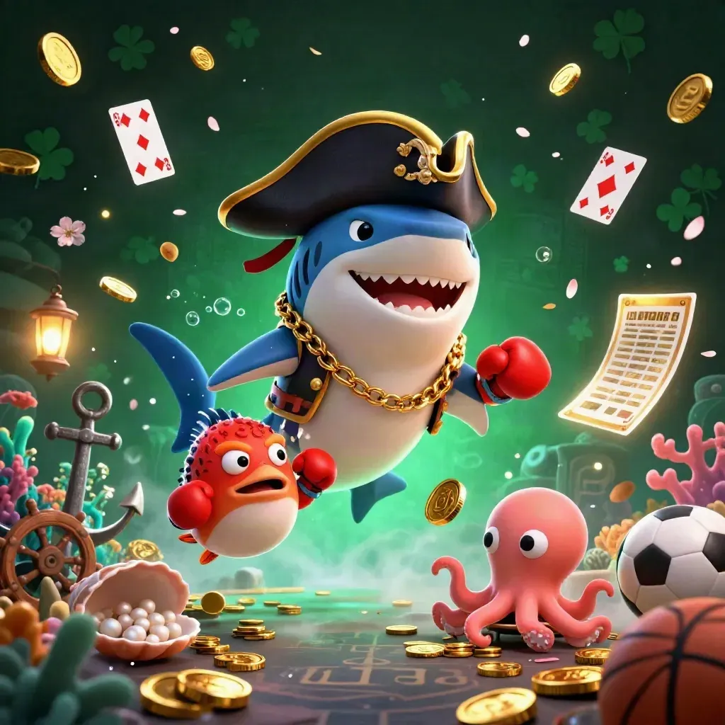 Pirate shark, boxing pufferfish, and coin-juggling octopus in a glowing treasure cove.