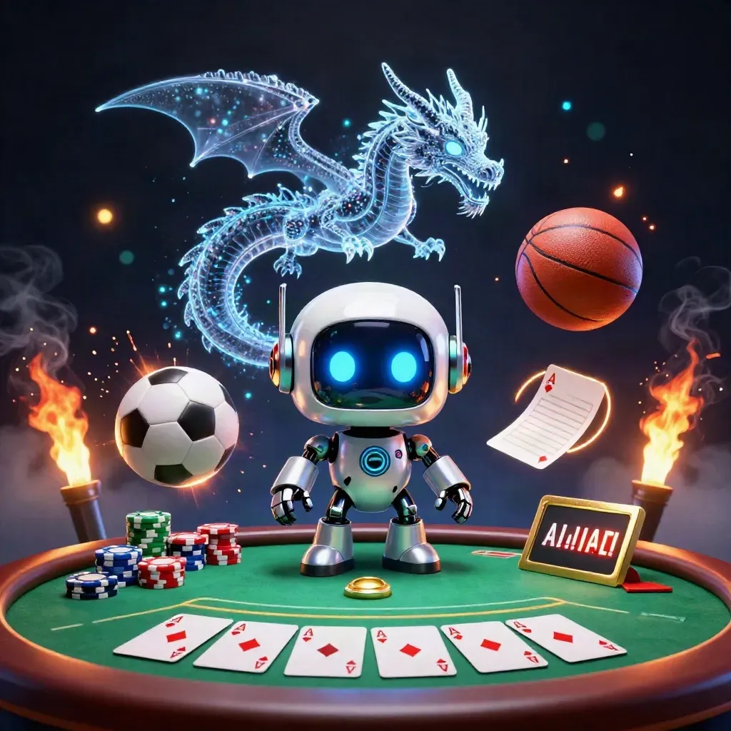 Cyberpunk robot, holographic dragon and coin drone amid poker chips, cards, soccer and basketball chaos.