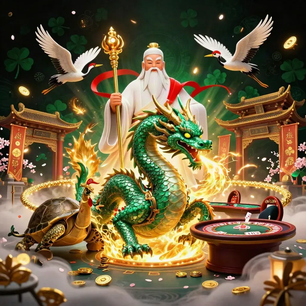 Emerald dragon, turtle sage, and cranes in a luxe casino-temple scene with gold fire and mist.