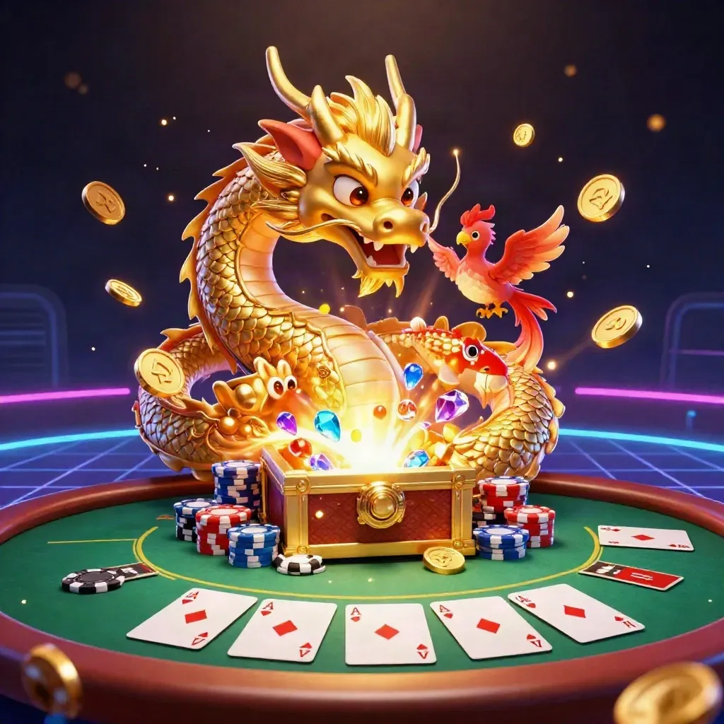 Golden dragon with phoenix and koi exploding from a treasure chest over poker chips