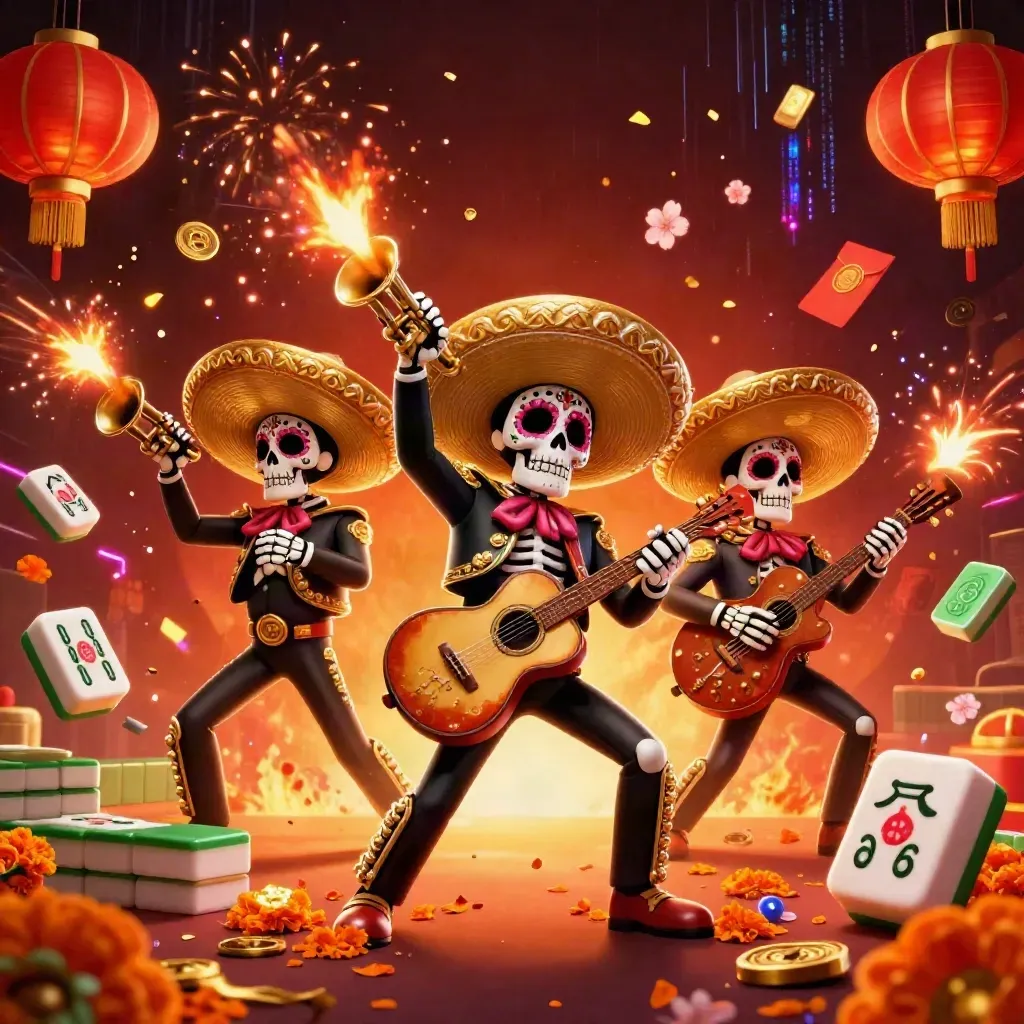 Three Day-of-the-Dead skeleton mariachi heroes amid lanterns, coins, petals, and glowing treasure on a fiery dark backdrop.