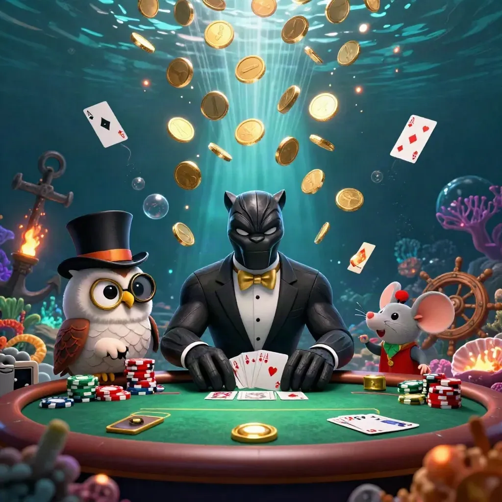 Panther, owl, and mouse amid an underwater poker treasure burst of coins, cards, and glowing coral.