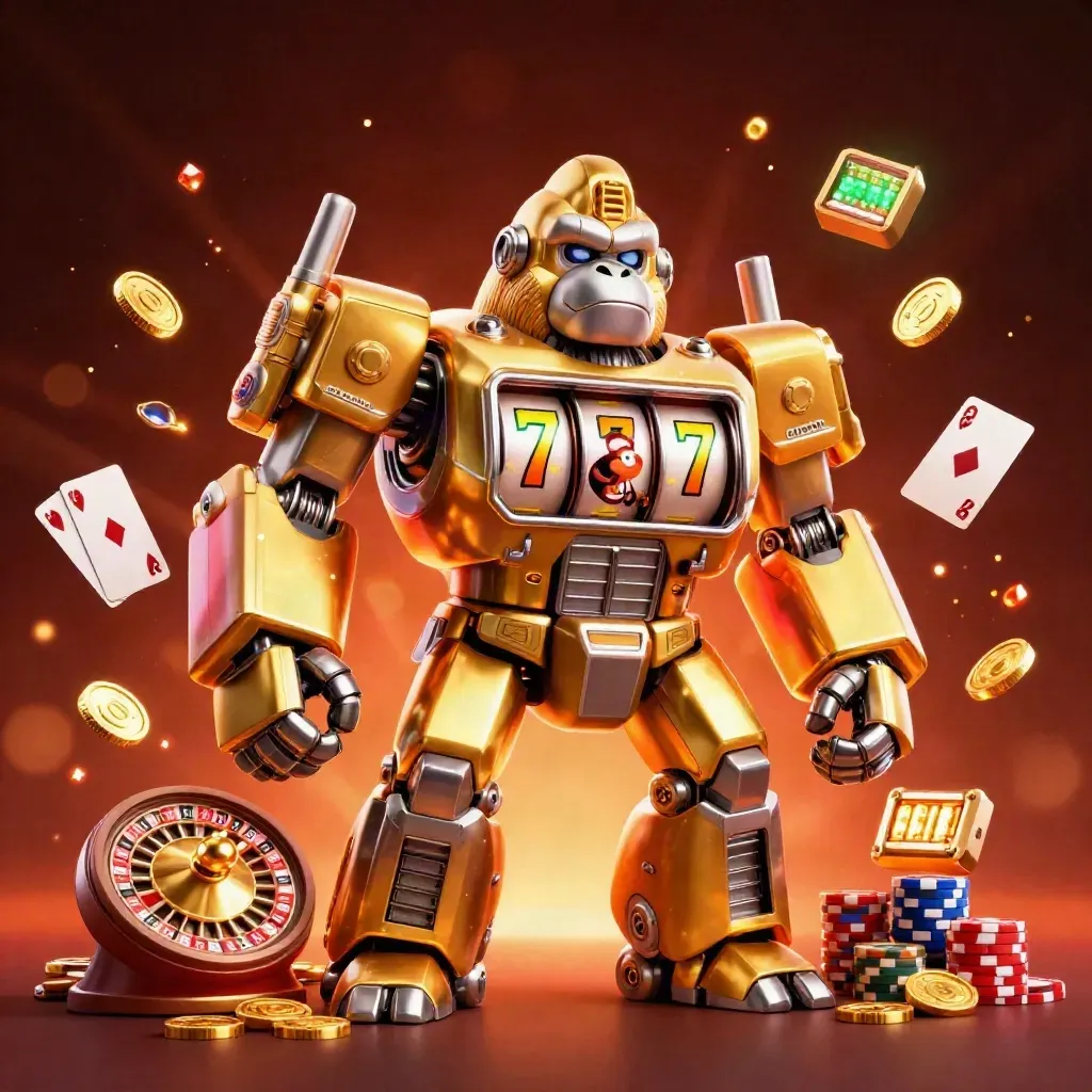Golden gorilla slot-mech with coins, cards, chips, reels, and fiery casino glow.