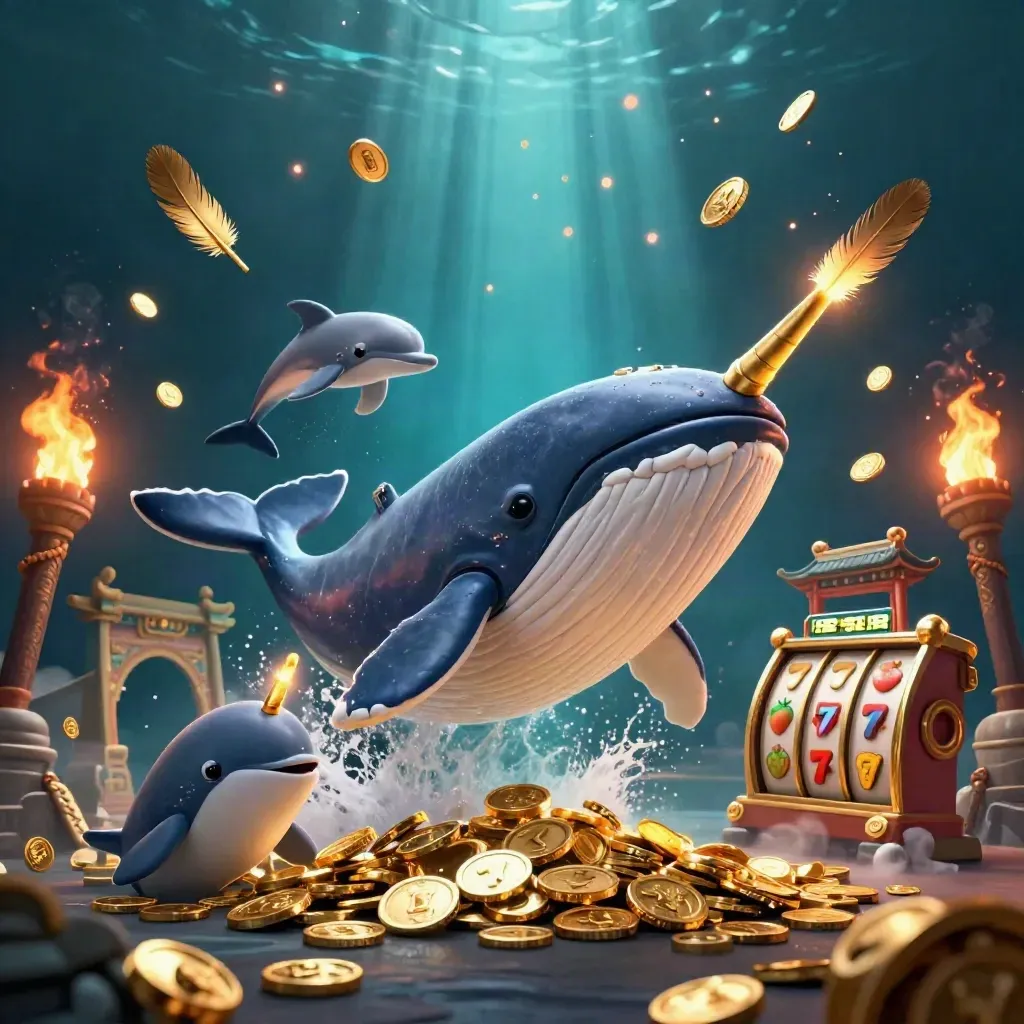 Captain whale with narwhal and dolphins amid gold coins, temple gate, and neon casino effects.